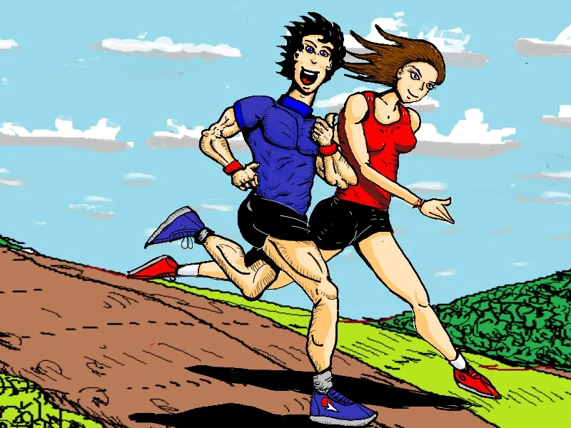 Zeichnung von Markus Brehm: Läuferin und Läufer im Retro-Comic-Stil auf einem Feldweg